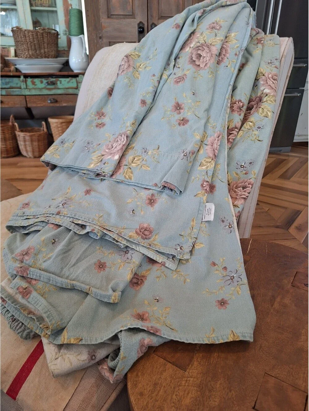 Blue Cottage Roses, Vintage Flannel Sheet Set. QUEEN, The Company Store,